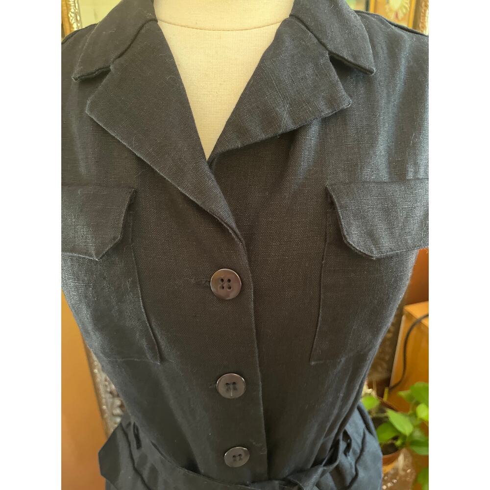 Vintage Thalian Black Linen button up Sleeveless Dress w/pockets & belt Size 8 - Picture 6 of 15